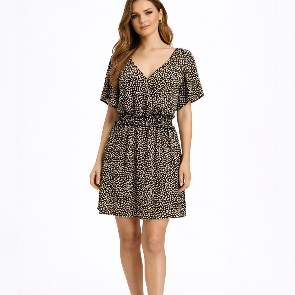 Altar'd State Black and Gold Puff Sleeve Smocked Waist Mini Dress Size Large